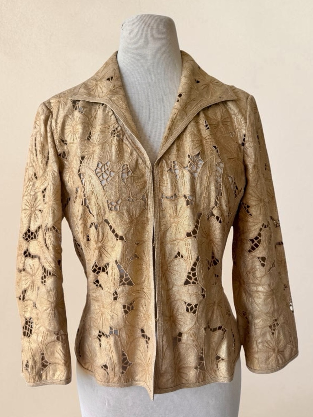 Vtg Carlisle Tan Metallic Cutwork Embroidered Linen Blazer Sz 6 Lace Y2k 90s